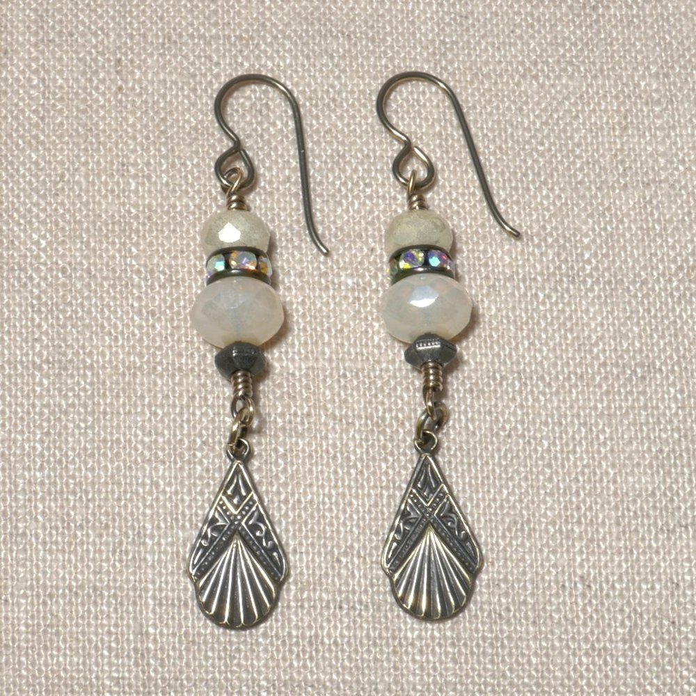 Hand Crafted Handmade Earrings Cream Czech Glass Art Deco Dangle Long Ea…